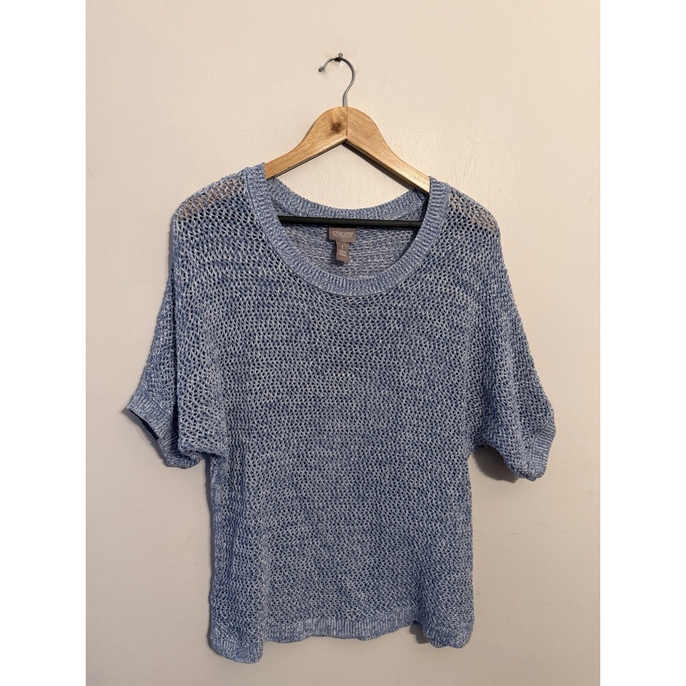 Chico's Women's Blue White Open Knit Short Sleeve Sweater Top Size Medium